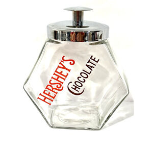 Vintage Hershey’s Chocolate Hexagon Glass Candy Cookie Jar With Chrome Lid